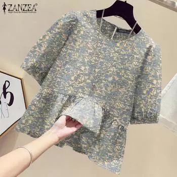 ZANZEA Женская повседневная блузка с круглым вырезом и принтом до половины рукава S хаки