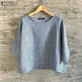 ZANZEA Женская повседневная блузка с круглым вырезом и полосатым принтом, рукав 3/4, свободная S синий