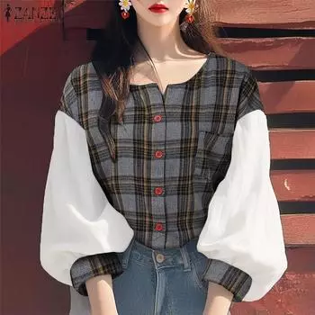 ZANZEA Женская повседневная блузка с круглым вырезом и длинным рукавом в стиле пэчворк с принтом в сетку S зелёный