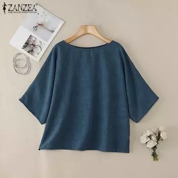 ZANZEA Женская повседневная блузка с круглым вырезом и рукавом 3/4 S синий