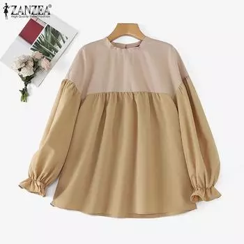 ZANZEA Женская повседневная блузка с круглым вырезом и длинным рукавом в стиле пэчворк S чёрный