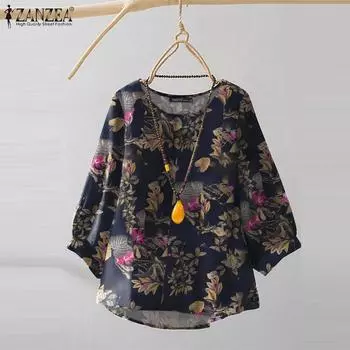 ZANZEA Женская повседневная блузка с круглым вырезом и рукавом 3/4 с принтом M тёмно-синий