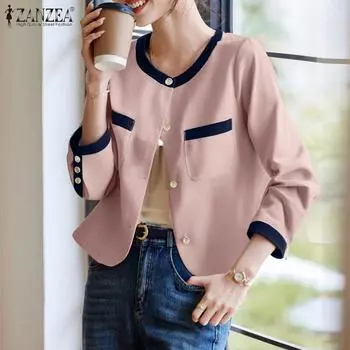 ZANZEA Женская повседневная блузка с круглым вырезом и длинным рукавом S хаки