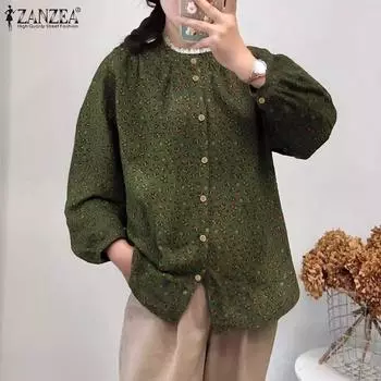 ZANZEA Женская повседневная блузка с круглым вырезом и длинным рукавом с цветочным принтом S хаки