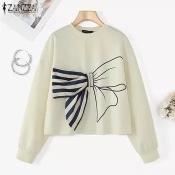 ZANZEA Женская повседневная блузка с круглым вырезом и длинным рукавом с принтом 2XL бежевый