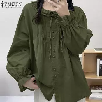 ZANZEA Женская повседневная блузка с круглым вырезом, свободного кроя, с длинным рукавом 3XL зелёный