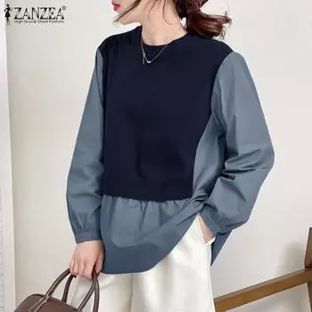 ZANZEA Женская повседневная блузка с круглым вырезом и длинным рукавом в стиле пэчворк S тёмно-синий