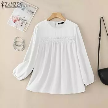 ZANZEA Женская повседневная блузка с круглым вырезом и длинным рукавом в стиле пэчворк из кружева 2XL белый