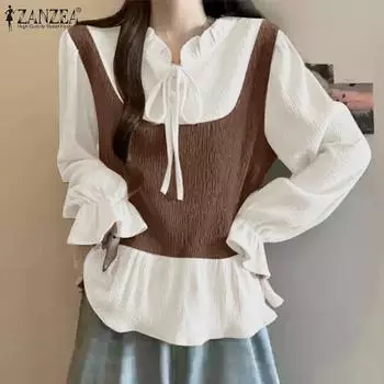 ZANZEA Женская повседневная блузка с круглым вырезом и длинным рукавом в стиле пэчворк XL коричневый