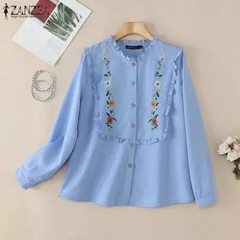 ZANZEA Женская повседневная блузка с круглым вырезом и длинным рукавом с цветочной вышивкой M синий