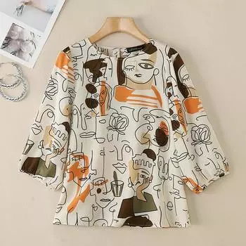 ZANZEA Женская повседневная блузка с круглым вырезом и рукавом 3/4 с принтом в стиле ретро S чёрный