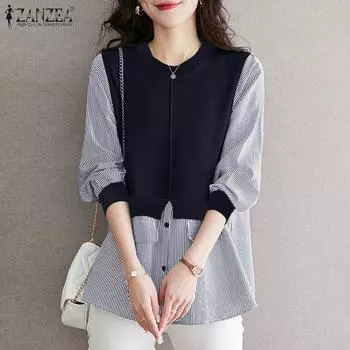 ZANZEA Женская повседневная блузка с круглым вырезом и длинным рукавом в полоску в стиле пэчворк S чёрный