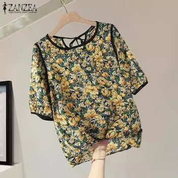 ZANZEA Женская повседневная блузка с круглым вырезом и коротким рукавом с цветочным принтом S красный