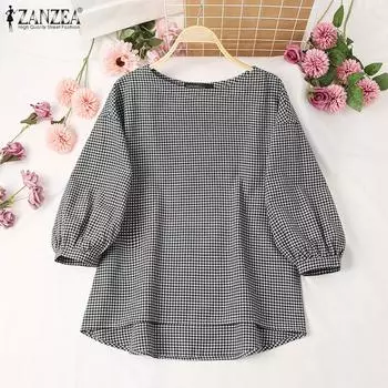 ZANZEA Женская повседневная блузка с круглым вырезом и рукавами 3/4 в клетку с принтом S чёрный