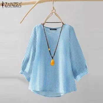 ZANZEA Женская повседневная блузка с круглым вырезом и рукавом 3/4 в клетку с принтом свободного покроя S розовый