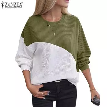 ZANZEA Женская повседневная блузка с круглым вырезом и длинным рукавом в стиле пэчворк S зелёный