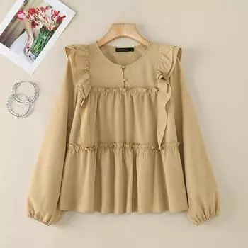 ZANZEA Женская повседневная блузка с круглым вырезом и длинными рукавами, свободная блузка с оборками S белый