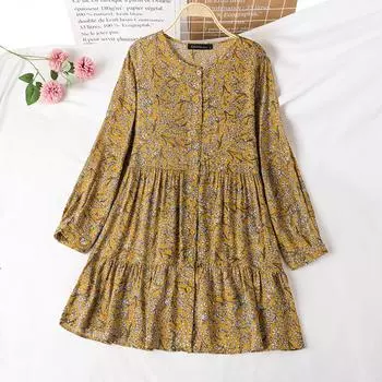 ZANZEA Женская повседневная блузка с круглым вырезом и длинными рукавами с цветочным принтом S жёлтый