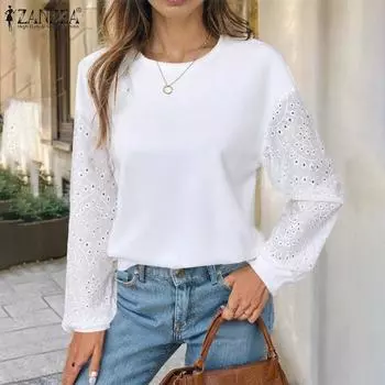 ZANZEA Женская повседневная блузка с круглым вырезом и кружевом, вязанная крючком, с длинным рукавом S белый