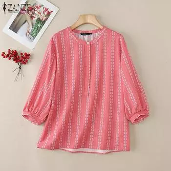 ZANZEA Женская повседневная блузка с круглым вырезом и рукавом 3/4 с принтом S розовый