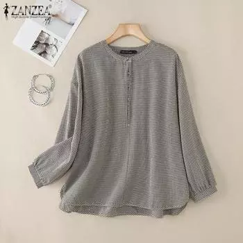 ZANZEA Женская повседневная блузка с круглым вырезом и длинным рукавом в клетку S темно-синий