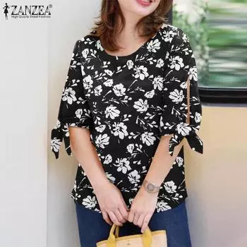 ZANZEA Женская повседневная блузка с круглым вырезом и половиной рукавов с цветочным принтом S чёрный