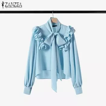 ZANZEA Женская повседневная блузка с круглым вырезом и длинным рукавом, свободные оборки S белый