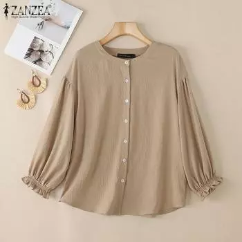 ZANZEA Женская повседневная блузка с круглым вырезом и длинным рукавом 2XL хаки