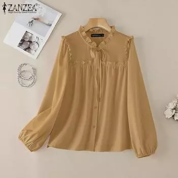 ZANZEA Женская повседневная блузка с круглым вырезом и длинным рукавом, свободная, однотонная S белый