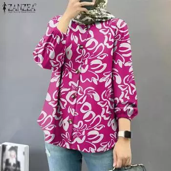 ZANZEA Женская повседневная блузка с круглым вырезом и длинным рукавом с принтом S чёрный