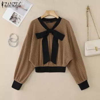 ZANZEA Женская повседневная блузка с круглым вырезом и длинным рукавом на весну XL коричневый