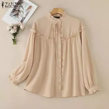 ZANZEA Женская повседневная блузка с круглым вырезом и длинным рукавом, свободная, однотонная L бежевый