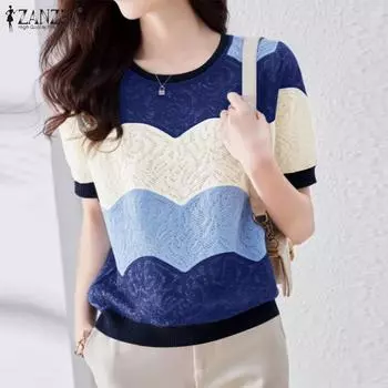 ZANZEA Женская повседневная блузка с круглым вырезом и коротким рукавом S жёлтый