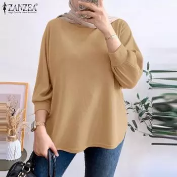 ZANZEA Женская повседневная блузка с круглым вырезом и длинным рукавом, свободная, однотонная L зелёный