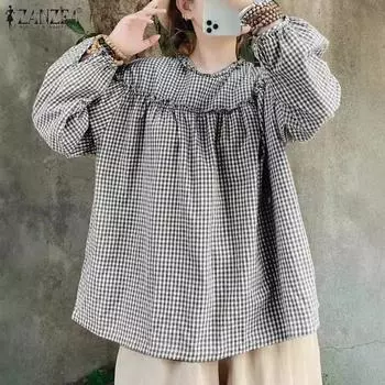 ZANZEA Женская повседневная блузка с круглым вырезом и длинным рукавом в клетку M чёрный