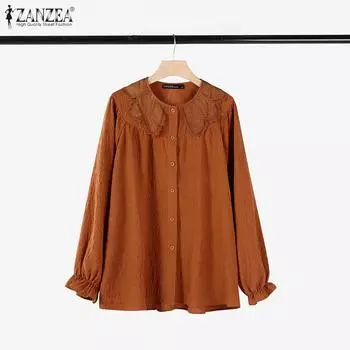 ZANZEA Женская повседневная блузка с круглым вырезом и длинным рукавом в стиле пэчворк S вино красного