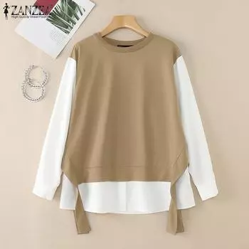 ZANZEA Женская повседневная блузка с круглым вырезом и длинным рукавом в стиле пэчворк XL чёрный