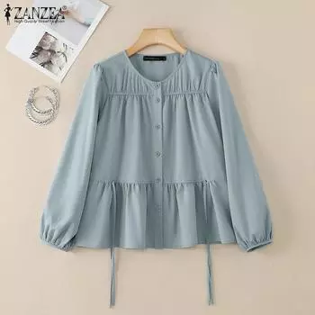 ZANZEA Женская повседневная блузка с круглым вырезом и длинным рукавом, свободная, однотонная S белый