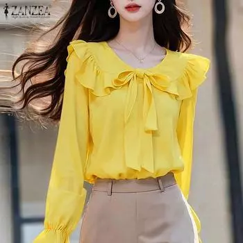 ZANZEA Женская повседневная блузка с круглым вырезом и длинным рукавом, свободная, однотонная S жёлтый