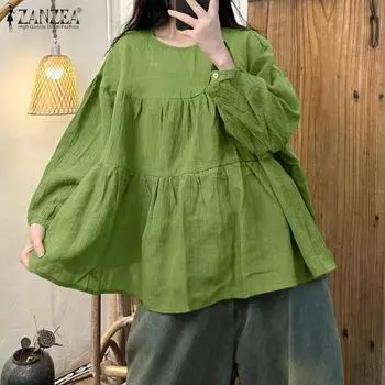 ZANZEA Женская повседневная блузка с круглым вырезом и длинным рукавом 3XL зелёный