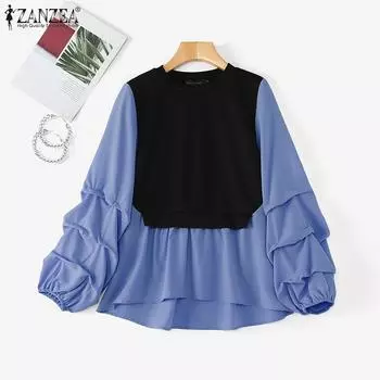 ZANZEA Женская повседневная блузка с круглым вырезом и длинным рукавом в стиле пэчворк S белый