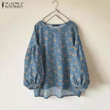 ZANZEA Женская повседневная блузка с круглым вырезом и цветочным принтом S зелёный