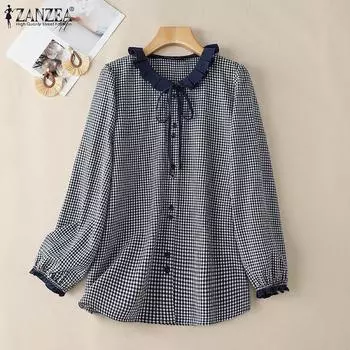 ZANZEA Женская повседневная блузка с круглым вырезом и длинным рукавом в клетку с принтом S чёрный