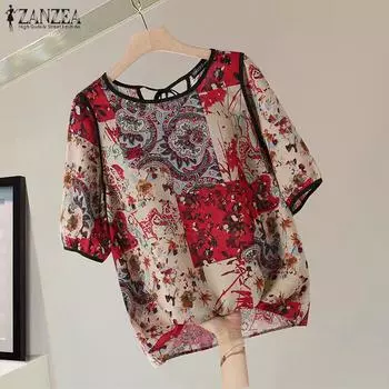 ZANZEA Женская повседневная блузка с круглым вырезом и этническим принтом, свободная, с коротким рукавом S синий