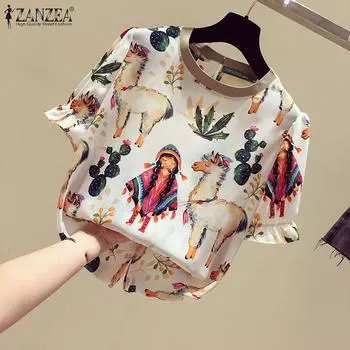 ZANZEA Женская повседневная блузка с круглым вырезом и принтом до половины рукава S бежевый