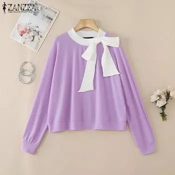 ZANZEA Женская повседневная блузка с круглым вырезом и длинным рукавом S чёрный