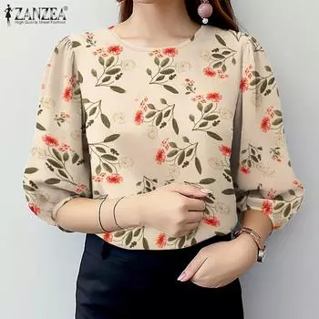 ZANZEA Женская повседневная блузка с круглым вырезом и рукавом 3/4 с цветочным принтом S зелёный