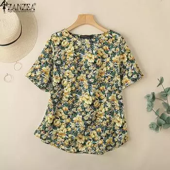 ZANZEA Женская повседневная блузка с круглым вырезом и цветочным принтом, с коротким рукавом S красный