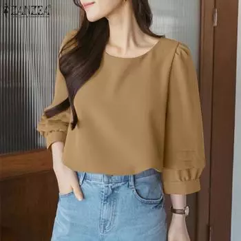 ZANZEA Женская повседневная блузка с круглым вырезом и рукавом 3/4 4XL зелёный
