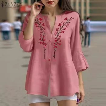 ZANZEA Женская повседневная блузка с круглым вырезом и рукавом 3/4 с цветочной вышивкой XL бежевый